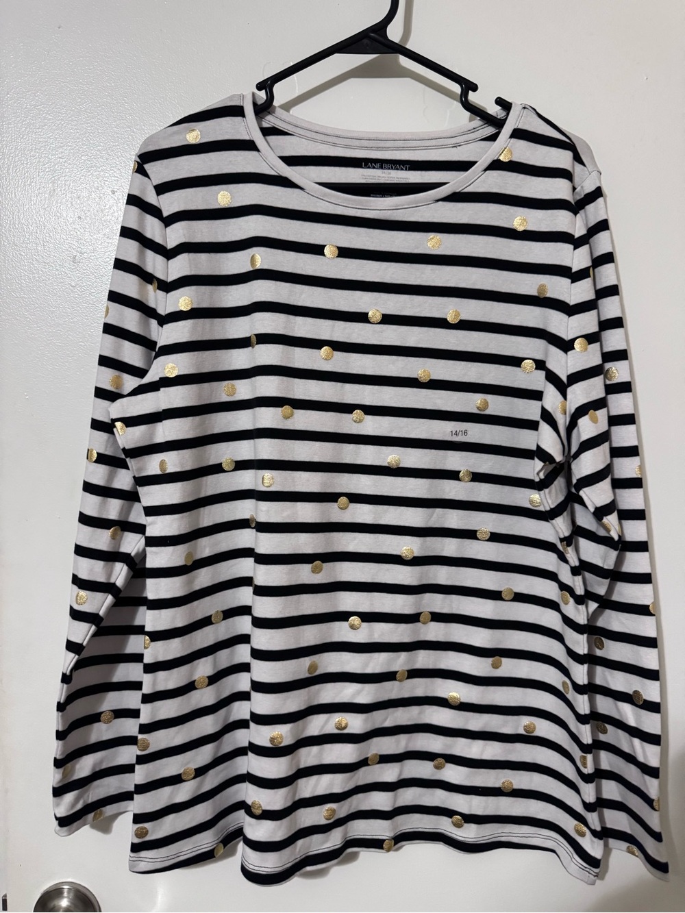 Lane Bryant Black & White Striped Long Sleeve Top with Gold Dots